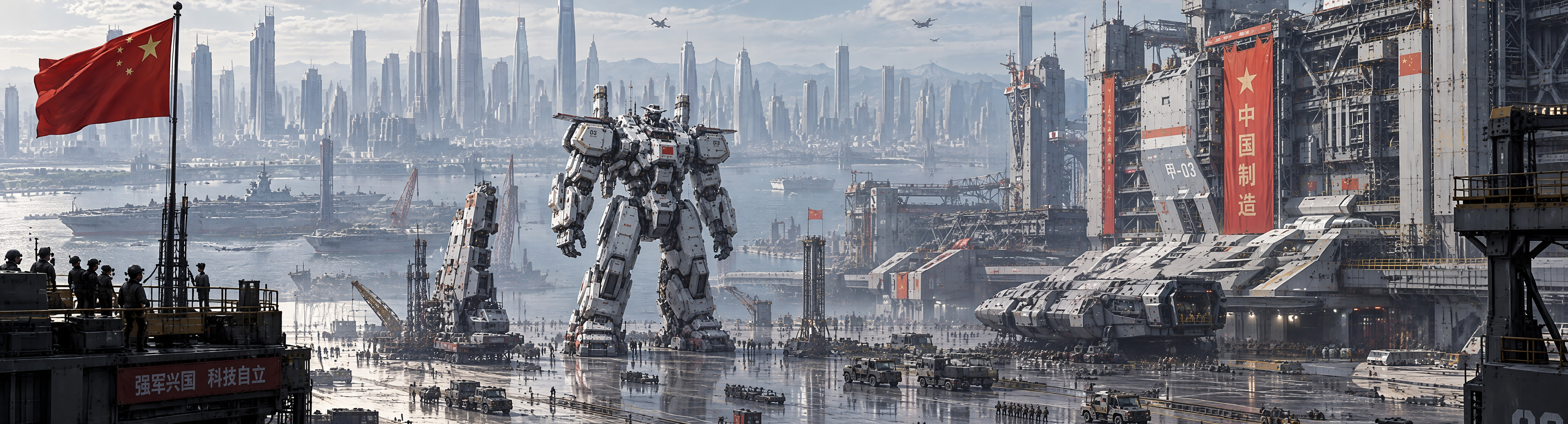 晴蛙文创主视觉 04：港口智能制造基地中的大型机甲与中国制造主题场景