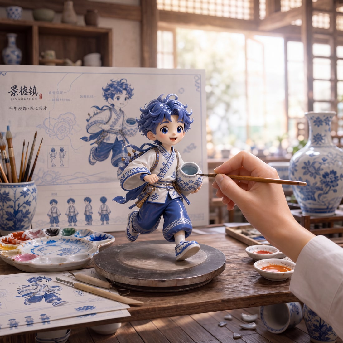 青花瓷文化角色手办与设定图的工坊展示