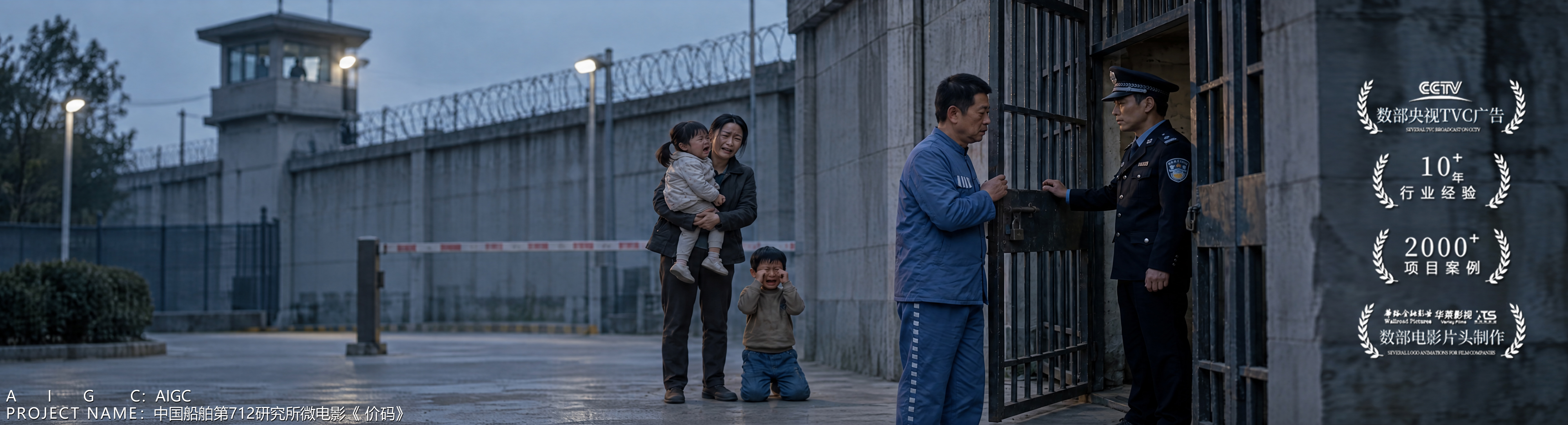 AIGC 主视觉 03：监狱大门前的探视场景，囚犯、家属与警员相望，底部标注AIGC·中国船舶第712研究所微电影《代价》，画面右侧带宣传徽标