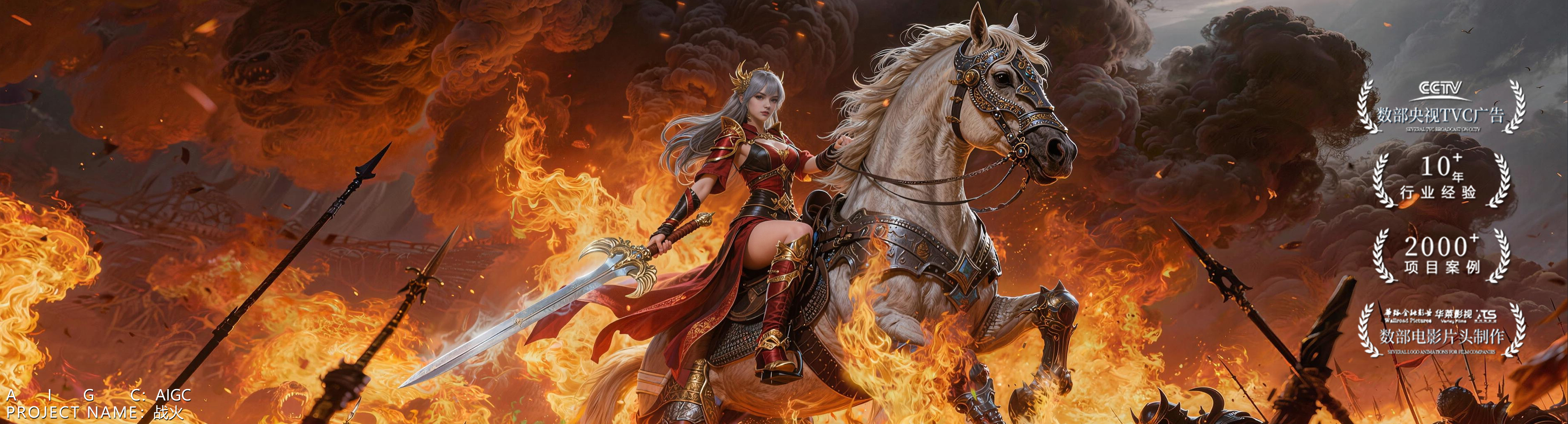 AIGC 主视觉 05：火光战场中的红衣女骑士与白马，底部标注AIGC·战火，画面右侧带宣传徽标