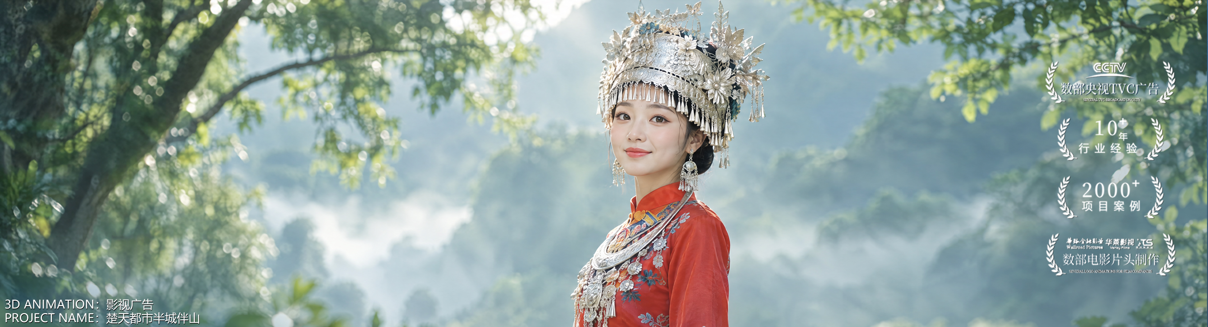 数字影视主视觉 03：红色民族服饰与银饰人物肖像，山林晨雾背景，底部标注影视广告·楚天都市半城伴山，画面右侧带宣传徽标