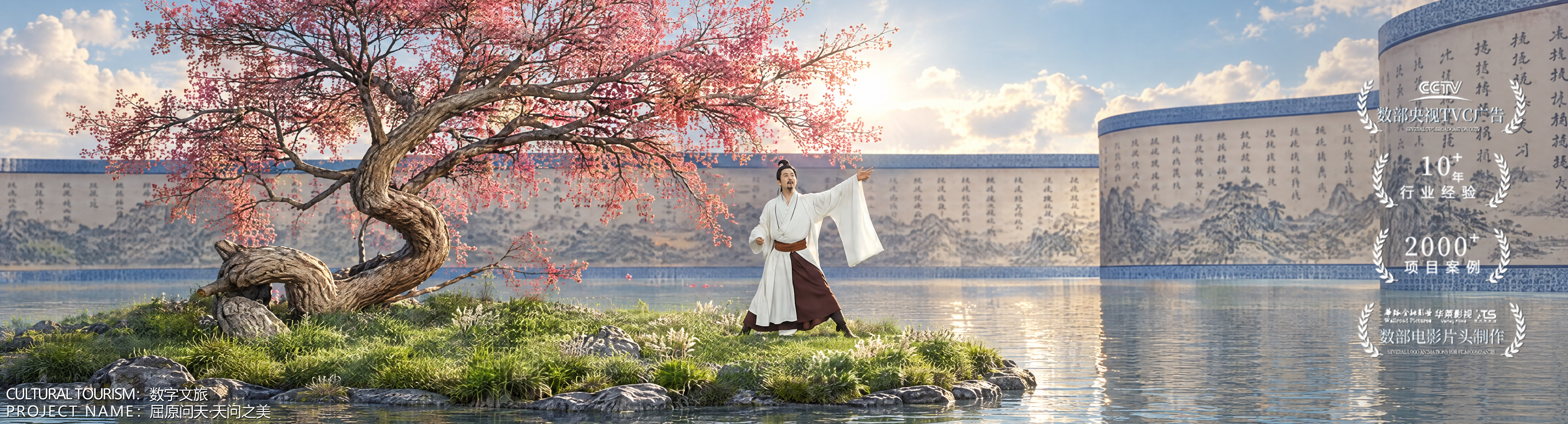 数字文旅主视觉 04：桃花树下的白衣人物与水墨纹样弧墙水景，底部标注数字文旅·屈原问天 天问之美，画面右侧带央视TVC、行业经验、项目案例等宣传标识