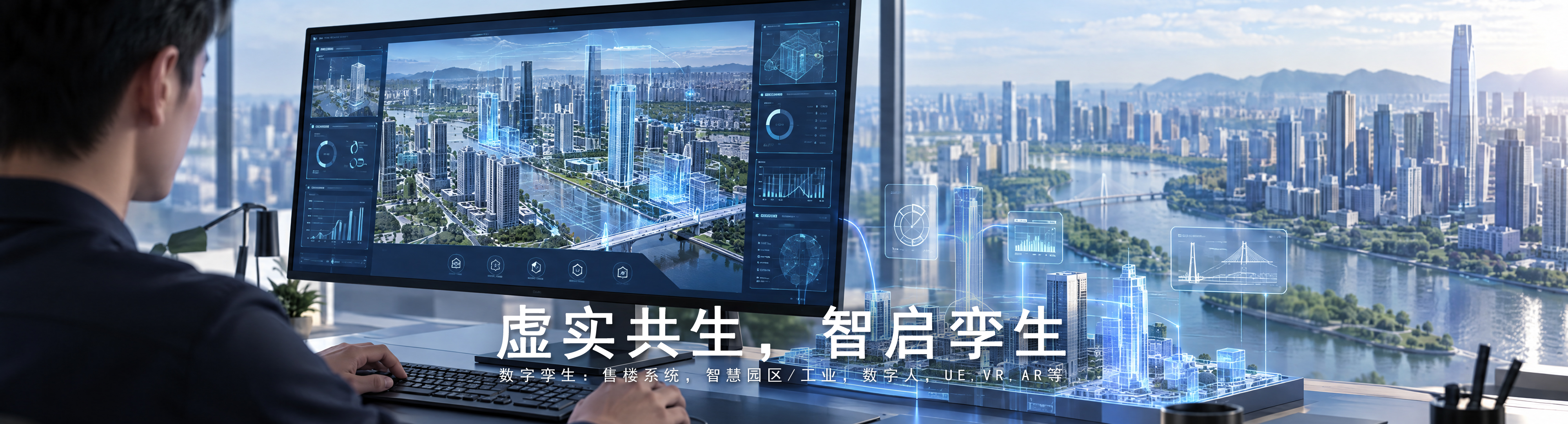数字孪生主视觉 01：工作人员操作城市数字孪生控制台，窗外江景与蓝色全息城市模型相映，画面标题为虚实共生，智启孪生