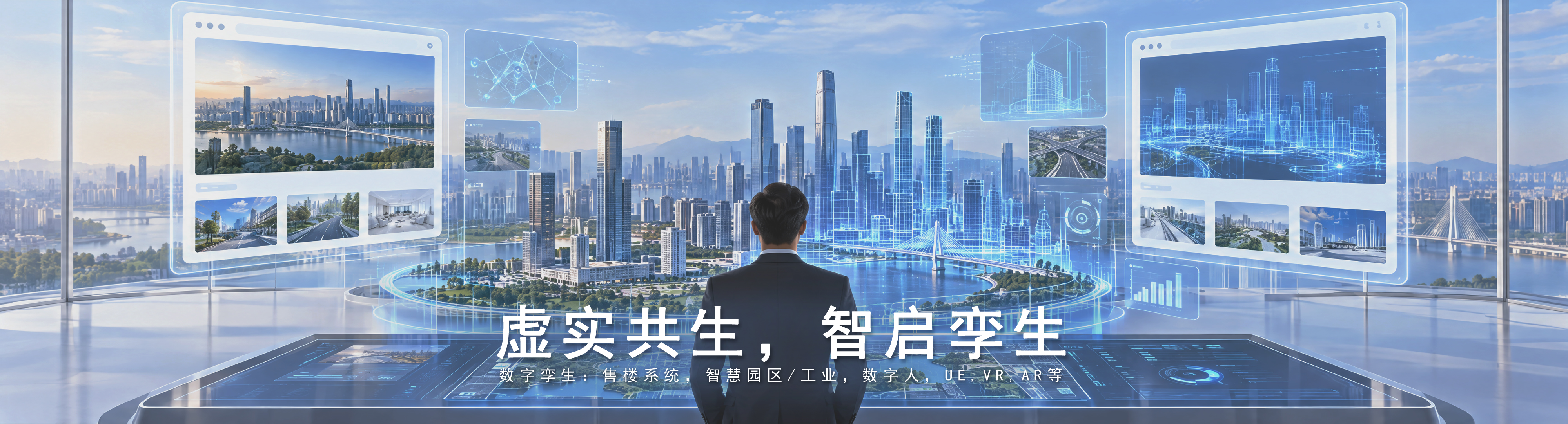 数字孪生主视觉 02：人物面向环绕式城市数字孪生界面与交互沙盘，画面标题为虚实共生，智启孪生