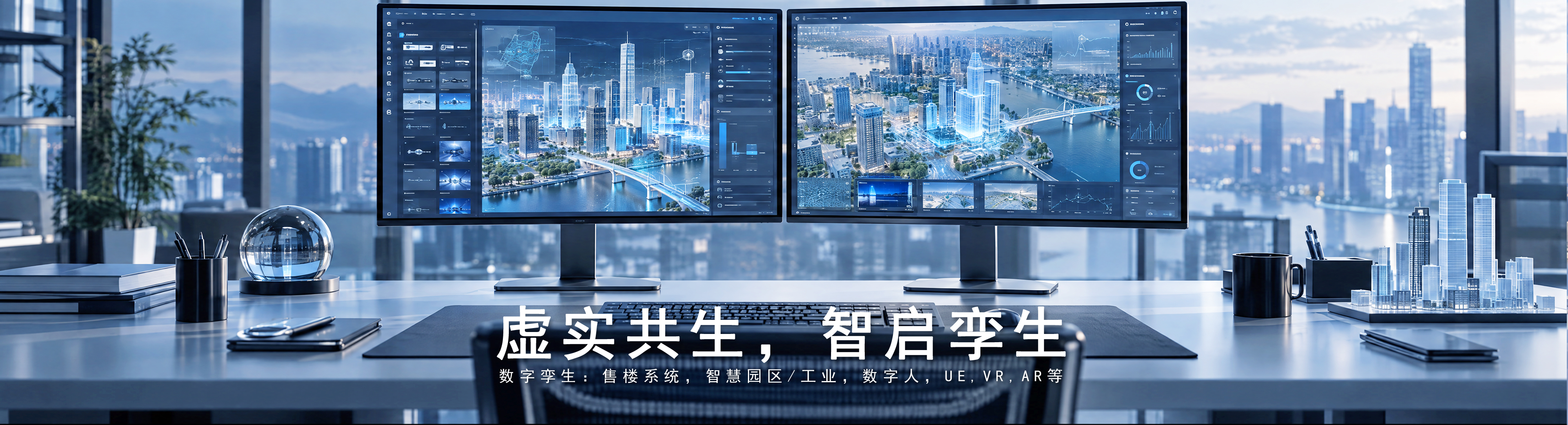 数字孪生主视觉 03：江景办公室中的双屏城市数字孪生工作台，画面标题为虚实共生，智启孪生
